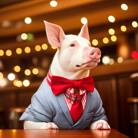 Swine dressed in a festive holiday suit and bow, sitting at a table in a bar. Anthropomorphic animals. Generative AI.の素材