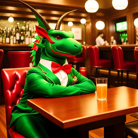 Green dragon dressed in a festive holiday suit sitting at a table in a bar. Anthropomorphic animals. Generative AI.の素材