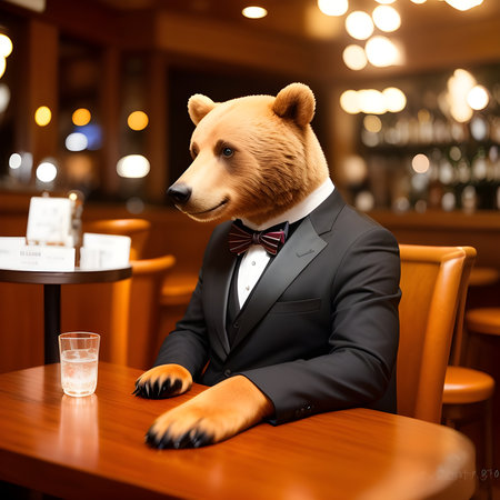 Bear dressed in a festive holiday suit, sitting at a table in a bar. Anthropomorphic animals. Generative AI.の素材