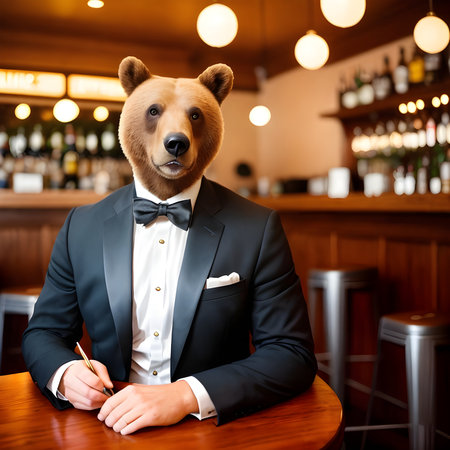 Bear dressed in a festive holiday suit, sitting at a table in a bar. Anthropomorphic animals. Generative AI.の素材
