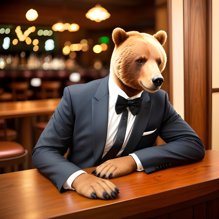 Bear dressed in a festive holiday suit, sitting at a table in a bar. Anthropomorphic animals. Generative AI.の素材