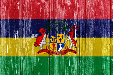 Flag and coat of arms of the Republic of Mauritius on a textured background. Concept collage.の写真素材