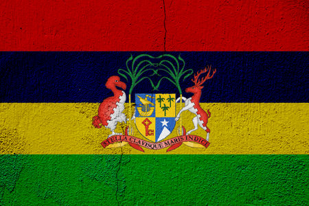 Flag and coat of arms of the Republic of Mauritius on a textured background. Concept collage.の写真素材