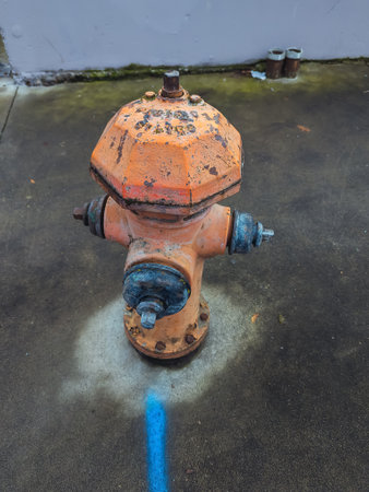 Fire hydrant stands tall on a city street in Portland, USA, symbolizing safety, emergency...