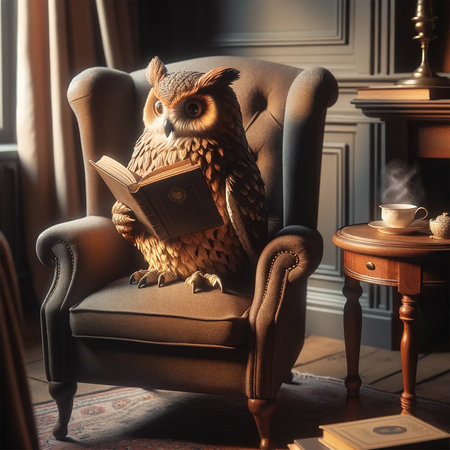 The owl is reading a book and sitting in the armchair. Anthropomorphic animals. Generative AI.の素材