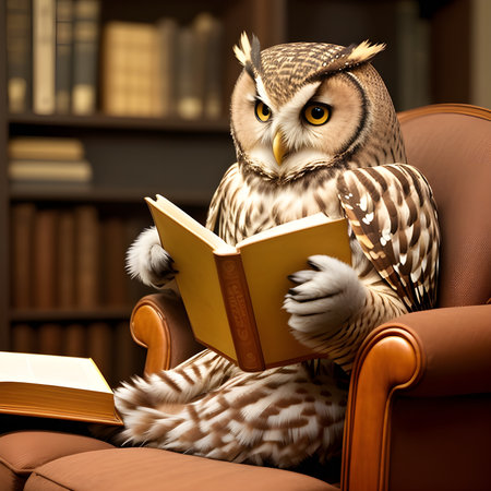 The owl is reading a book and sitting in the armchair. Anthropomorphic animals. Generative AI.の素材
