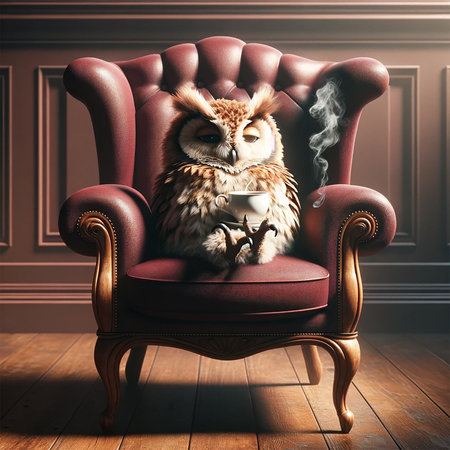 The owl drinks coffee and sits in the armchair. Anthropomorphic animals. Generative AI.の素材