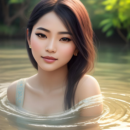 An Indonesian young woman bathes in the river. Generative AI.の素材