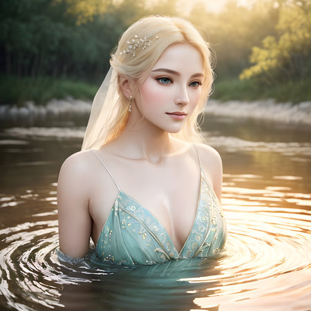Caucasian young woman bathes in the river. Generative AI.の素材