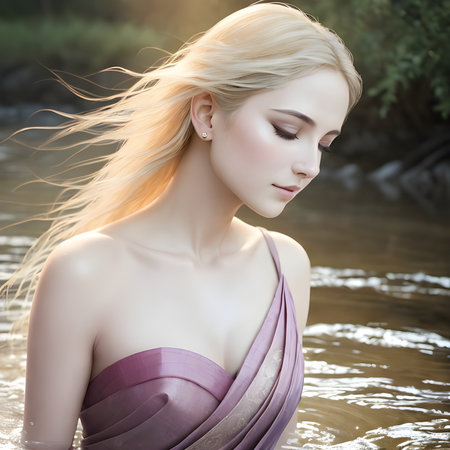 Caucasian young woman bathes in the river. Generative AI.の素材
