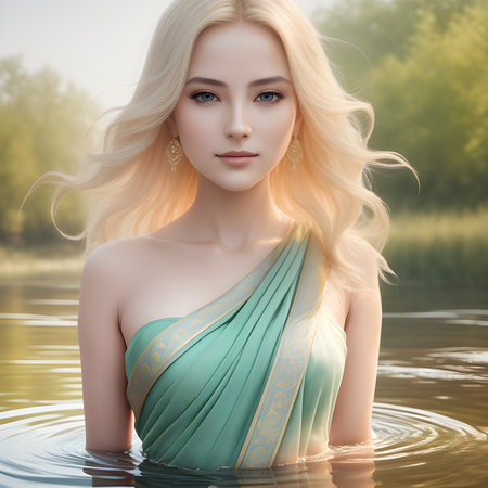 Caucasian young woman bathes in the river. Generative AI.の素材