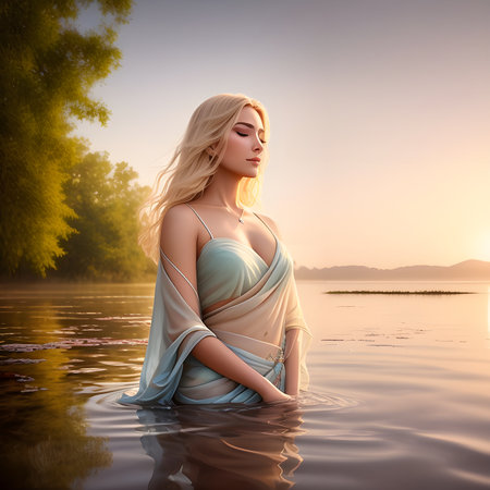 Caucasian young woman bathes in the river. Generative AI.の素材