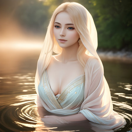 Caucasian young woman bathes in the river. Generative AI.の素材