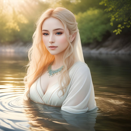 Caucasian young woman bathes in the river. Generative AI.の素材