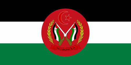 The official current flag and coat of arms of Western Sahara. State flag of Western Sahara texture. Illustration.の写真素材