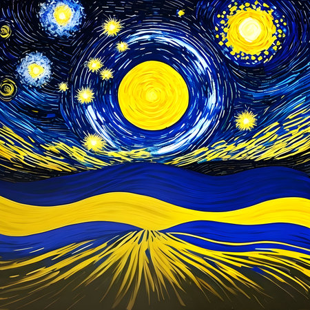 Abstraction of the Ukrainian flag in the Starry Night style. Generative AI.の素材