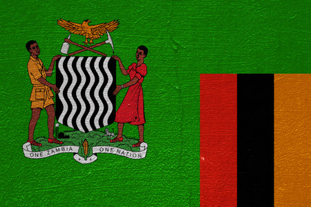 Flag and coat of arms of the Republic of Zambia on a textured background. Concept collage.の写真素材