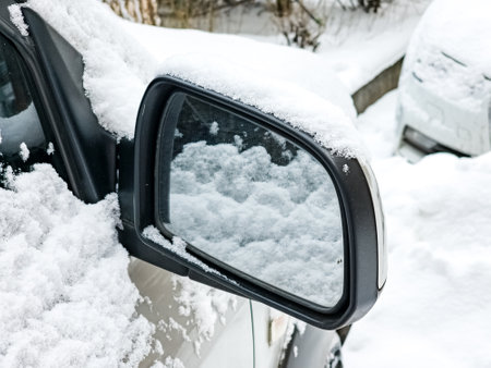 Close-up of a side mirror of a modern car covered in snowの写真素材