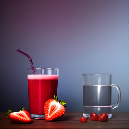 Healthy strawberry smoothie in a transparent glass with strawberries. Generative AI.の素材