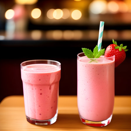 Healthy strawberry smoothie in a transparent glass with strawberries. Generative AI.の素材