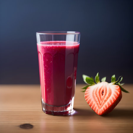 Healthy strawberry smoothie in a transparent glass with strawberries. Generative AI.の素材