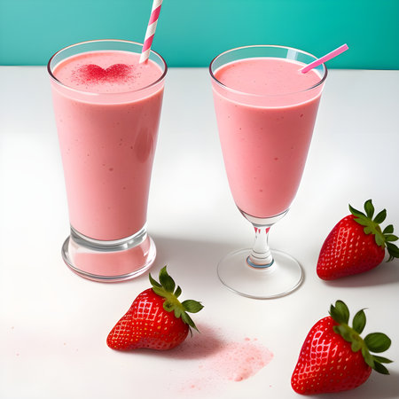 Healthy strawberry smoothie in a transparent glass with strawberries. Generative AI.の素材