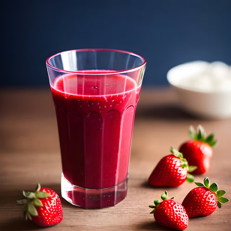 Healthy strawberry smoothie in a transparent glass with strawberries. Generative AI.の素材