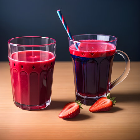 Healthy strawberry smoothie in a transparent glass with strawberries. Generative AI.の素材