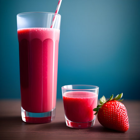 Healthy strawberry smoothie in a transparent glass with strawberries. Generative AI.の素材
