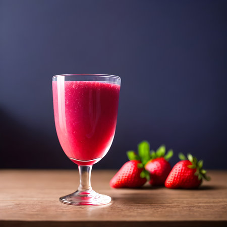 Healthy strawberry smoothie in a transparent glass with strawberries. Generative AI.の素材