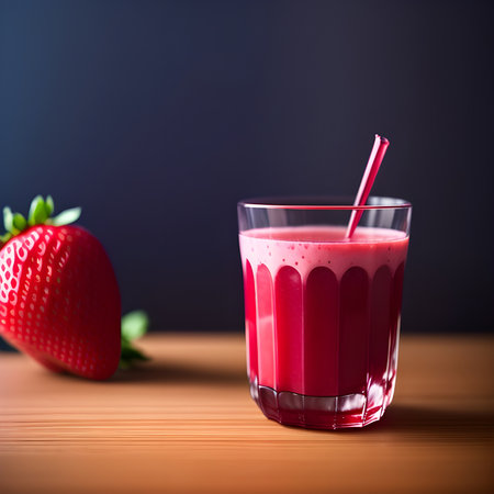 Healthy strawberry smoothie in a transparent glass with strawberries. Generative AI.の素材