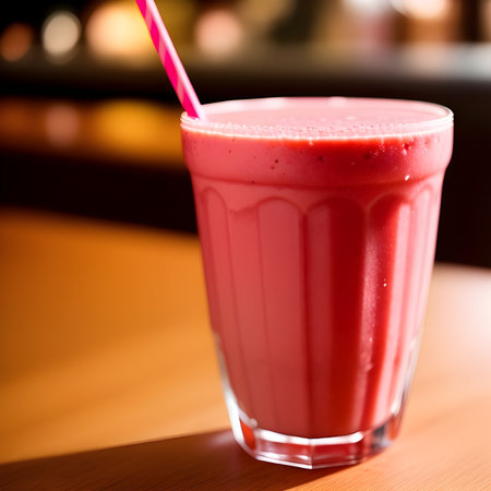 Healthy strawberry smoothie in a transparent glass with strawberries. Generative AI.の素材