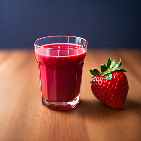 Healthy strawberry smoothie in a transparent glass with strawberries. Generative AI.の素材