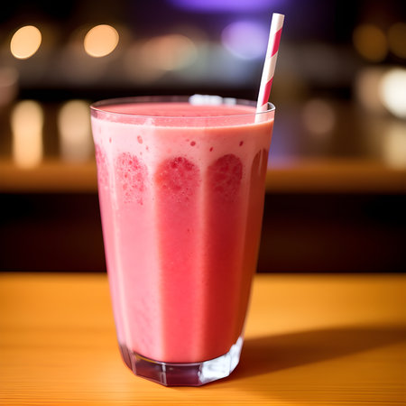Healthy strawberry smoothie in a transparent glass with strawberries. Generative AI.の素材