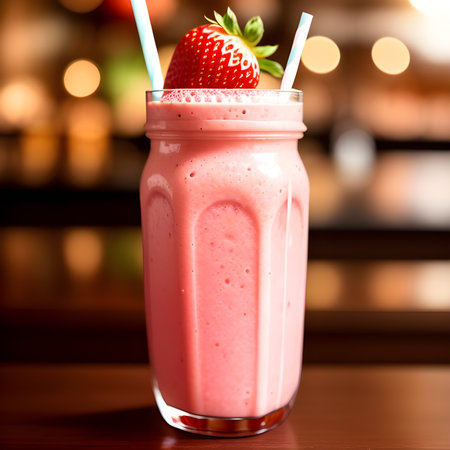 Healthy strawberry smoothie in a transparent glass with strawberries. Generative AI.の素材