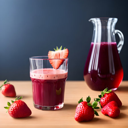 Healthy strawberry smoothie in a transparent glass with strawberries. Generative AI.の素材