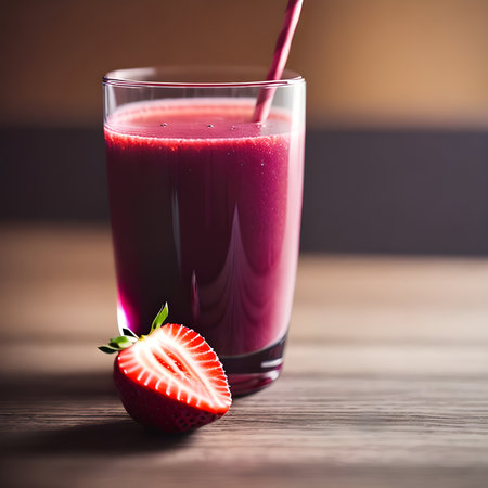 Healthy strawberry smoothie in a transparent glass with strawberries. Generative AI.の素材