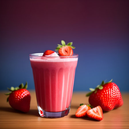 Healthy strawberry smoothie in a transparent glass with strawberries. Generative AI.の素材
