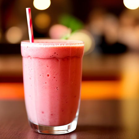 Healthy strawberry smoothie in a transparent glass with strawberries. Generative AI.の素材