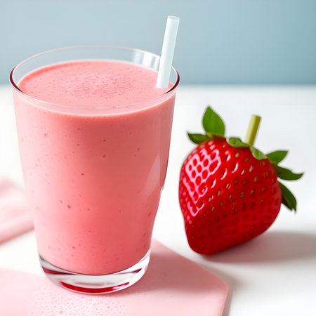 Healthy strawberry smoothie in a transparent glass with strawberries. Generative AI.の素材