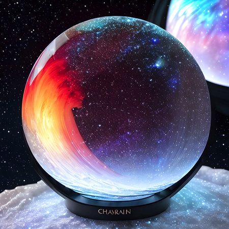 Fantasy generative AI Glassformism. Space, nebula, earth are contained within a glass sphere.の素材