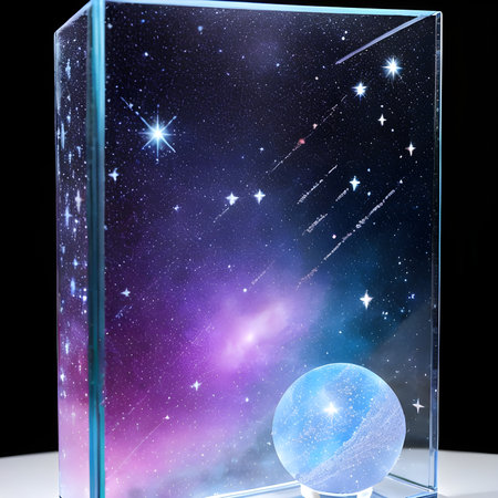 Fantasy generative AI Glassformism. Space, nebula, earth are contained within a glass sphere.の素材
