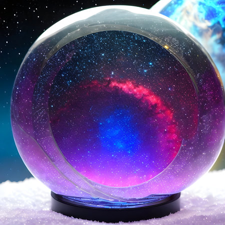 Fantasy generative AI Glassformism. Space, nebula, earth are contained within a glass sphere.の素材