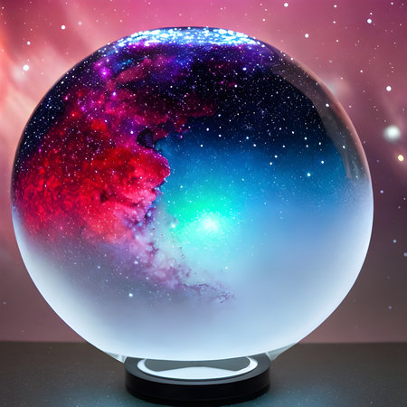 Fantasy generative AI Glassformism. Space, nebula, earth are contained within a glass sphere.の素材