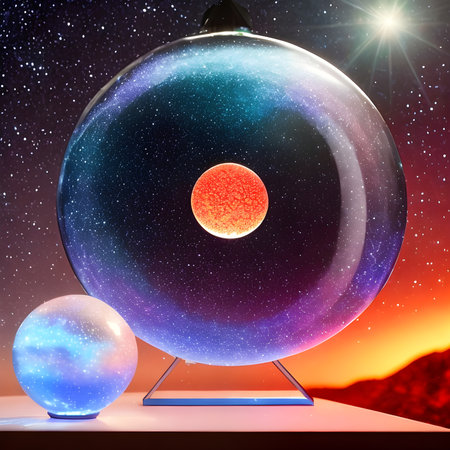 Fantasy generative AI Glassformism. Space, nebula, earth are contained within a glass sphere.の素材