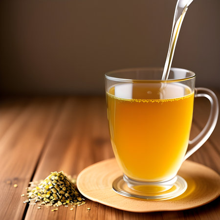Fantasy generative AI chamomile tea. Cup of chamomile tea with chamomile flowers.の素材