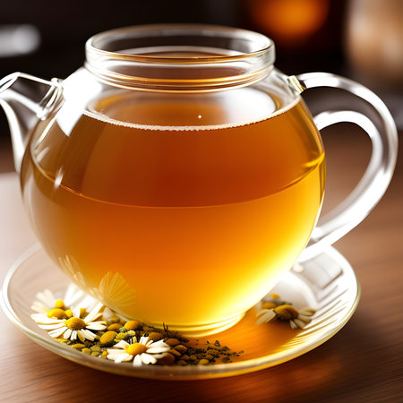 Fantasy generative AI chamomile tea. Cup of chamomile tea with chamomile flowers.の素材