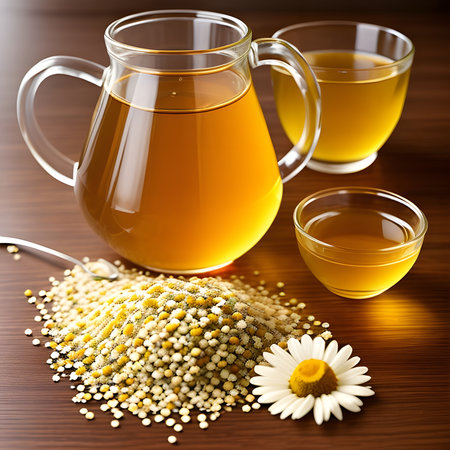Fantasy generative AI chamomile tea. Cup of chamomile tea with chamomile flowers.の素材