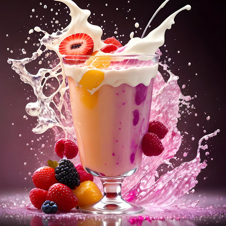 Fantasy generative AI mixes fruits and berries. Food background. A smoothie or milkshake is being prepared.の素材