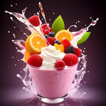 Fantasy generative AI mixes fruits and berries. Food background. A smoothie or milkshake is being prepared.の素材